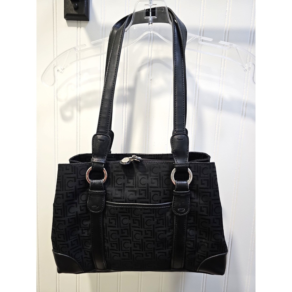 Liz Claiborne Black Monogram Jacquard Shoulder Tote Purse Faux Leather Trim Zip